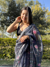 Grey Printed Lace Charcoal Grey Organza Saree